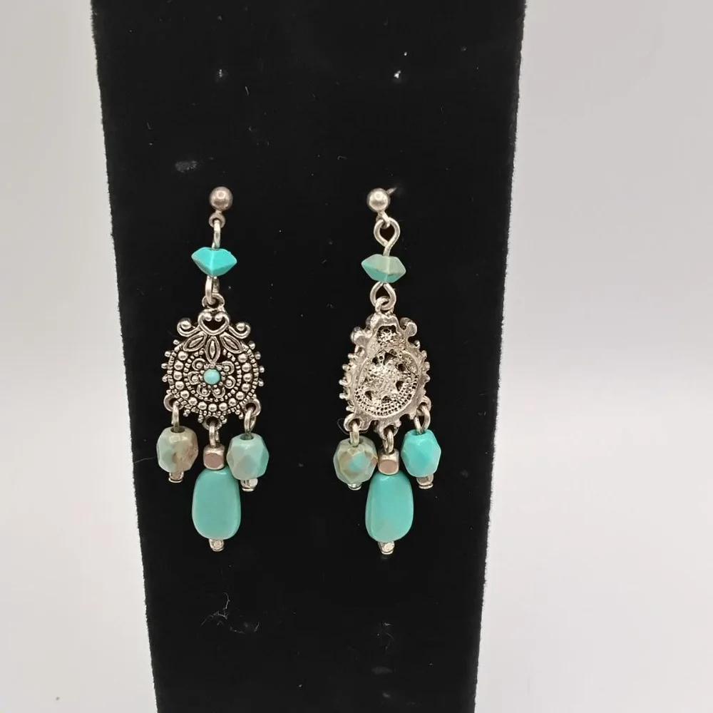 VTG Stamped Nancy & Rise for Avon Turquoise & Silver-tone Chandelier Earrings - Picture 2 of 5
